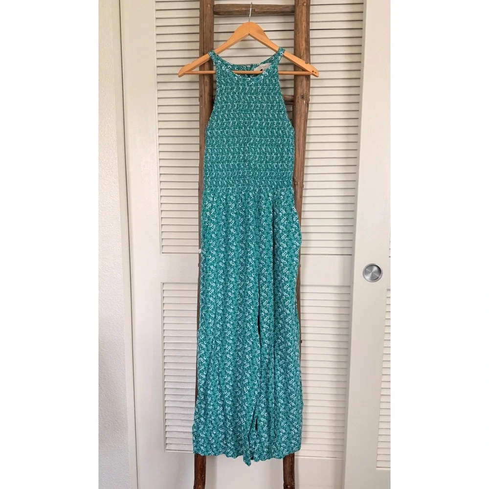 LOFT Jumpsuit 6 Green Floral Smocked Halter‎ Neck Wide Leg Sleeveless